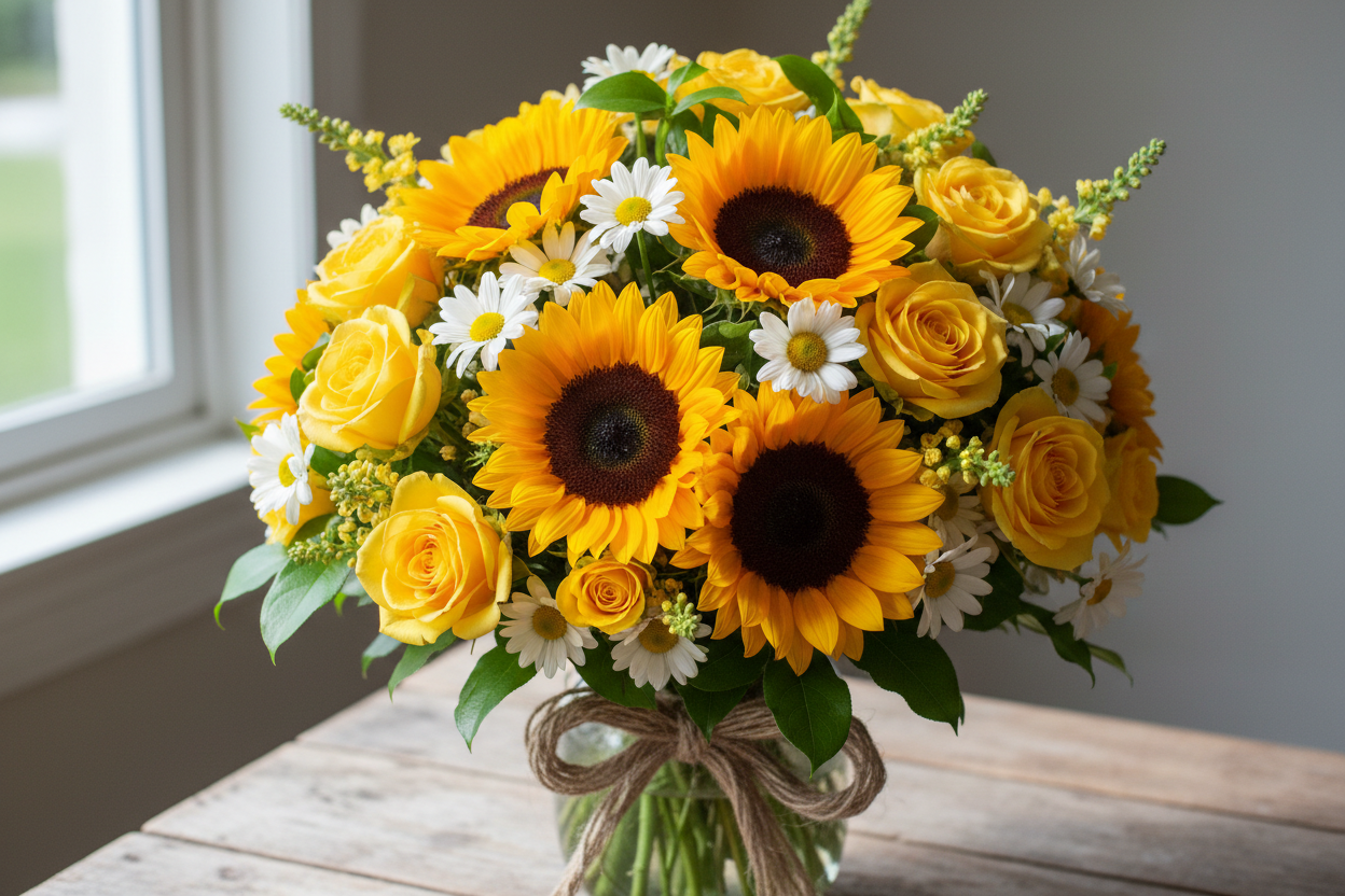 Genera una imagen de un ramo de flores amarillas